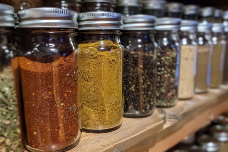 A set of matching spice jars with labeled lids, neatly arranged on a kitchen shelf.