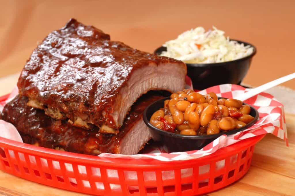 BBQ Ribs with beans and cole slaw.