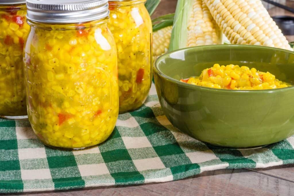 Bowl of fresh corn relish with corn. 