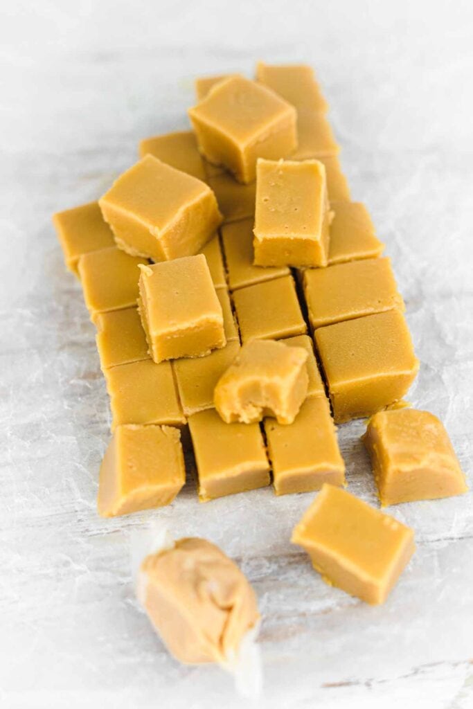 Old-Fashioned Peanut Butter Fudge on a white background.