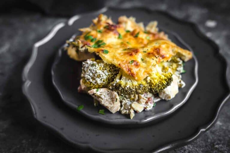 Southern crack chicken casserole on a black plate.