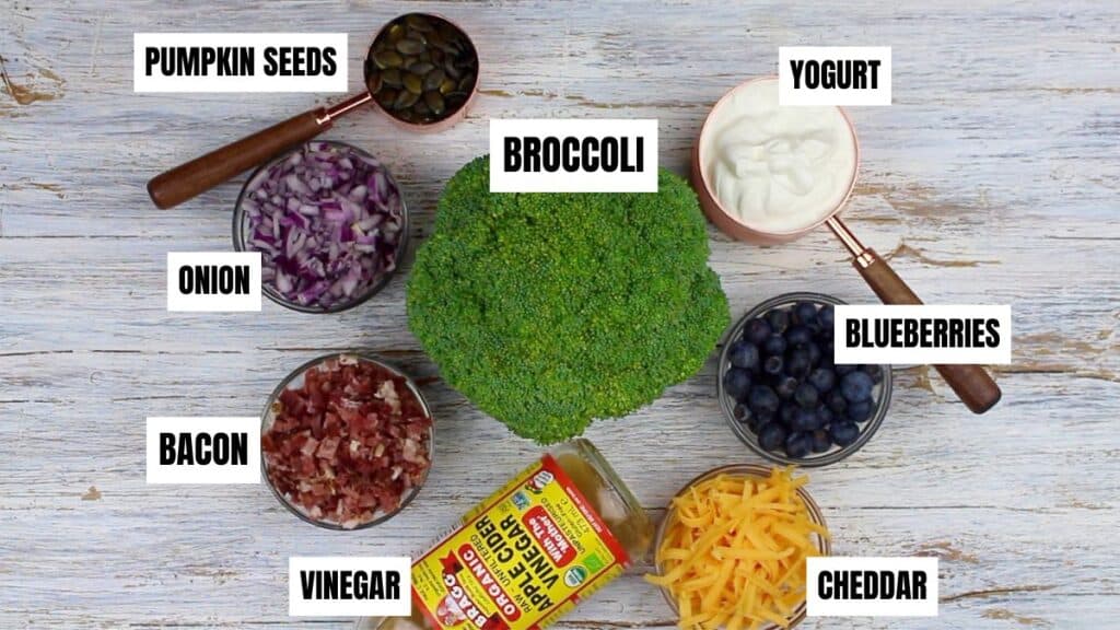 Southern-style broccoli salad ingredients.