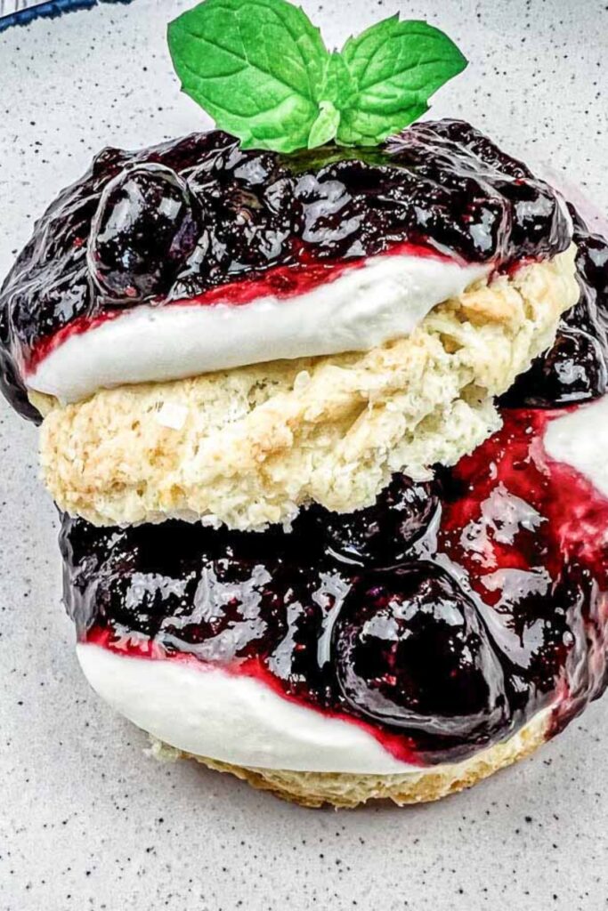 Close-up of a blueberry shortcake topped with a mint leaf, with blueberry sauce drizzled on top.