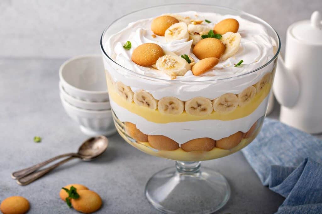 Banana pudding trifle in a large digh.