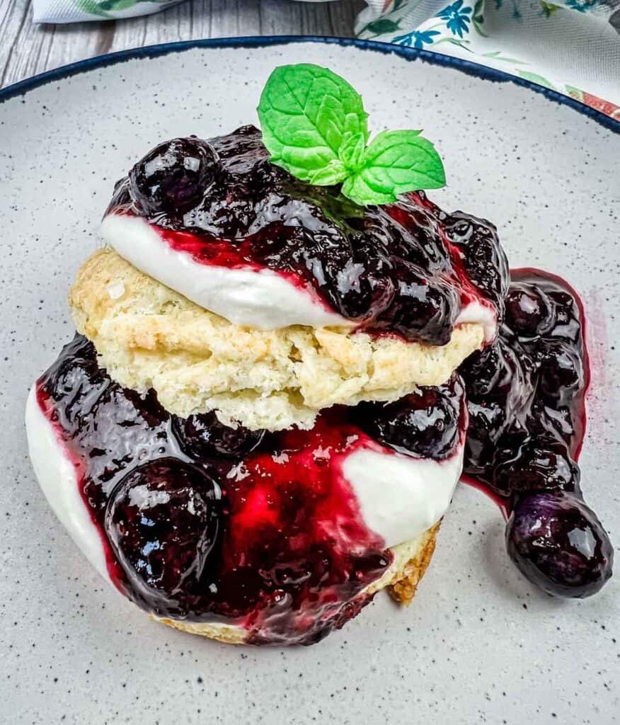 A close-up of blueberry shortcake with cream and juicy berries.