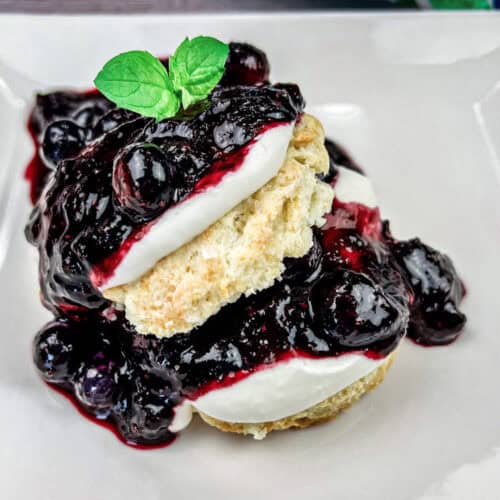 A blueberry shortcake topped with whipped cream and fresh blueberries, garnished with a mint leaf.