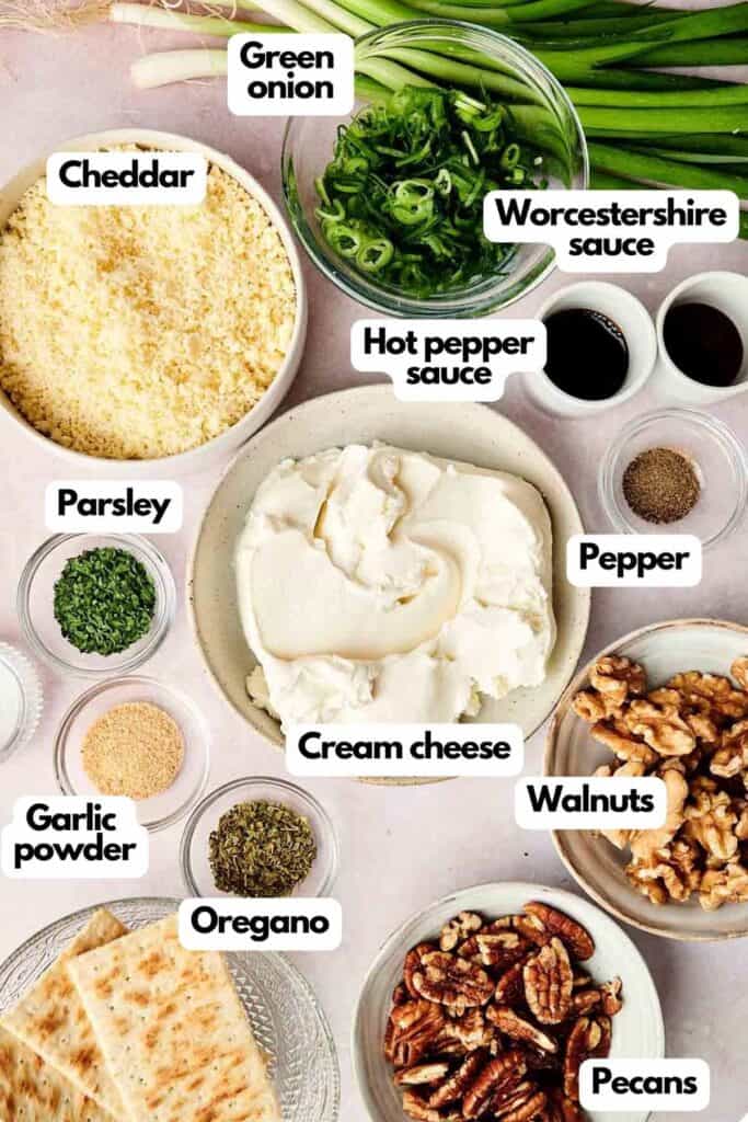 Cheese ball recipe ingredients.