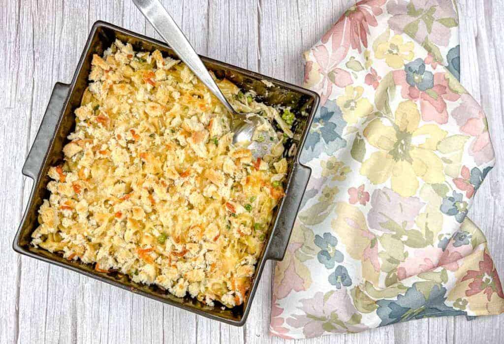 Comforting tuna noodle casserole ready to serve.