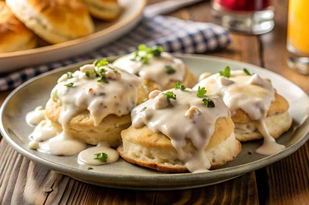 Creamy delicious biscuits and gravy, a southern style breakfast or brunch meal.