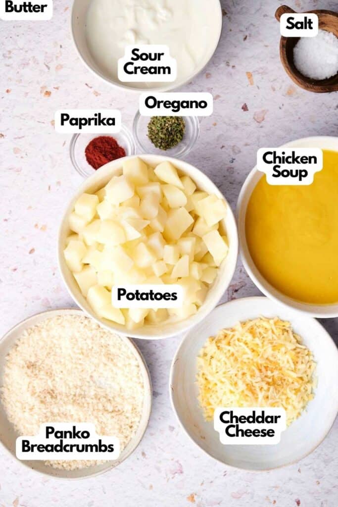 Funeral potatoes recipe ingredients.