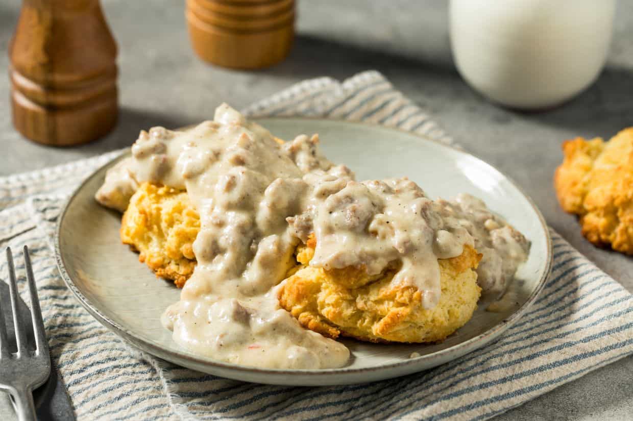 Homemade Southern Biscuits and Gravy for Breakfast.