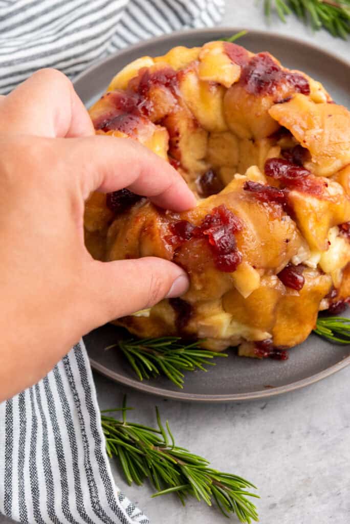 Mini cranberry Brie pull-apart bread, warm and freshly baked with gooey cheese and cranberry filling.