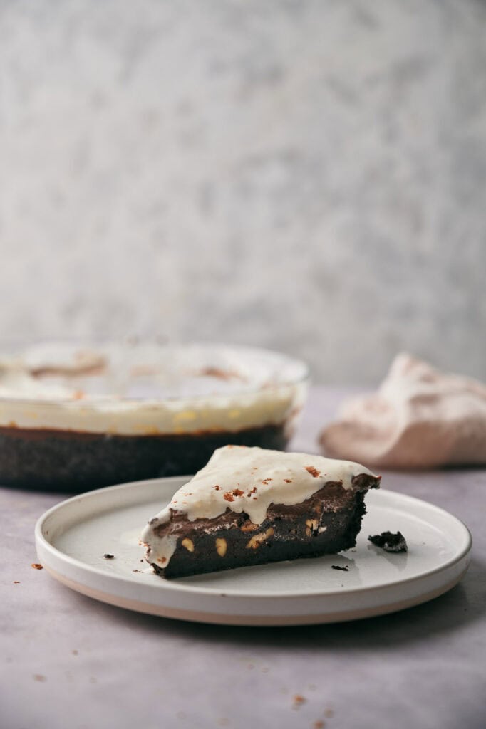 Slice of Mississippi Mud Pie ready to serve.