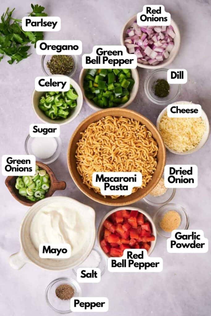 Macaroni salad recipe ingredients.