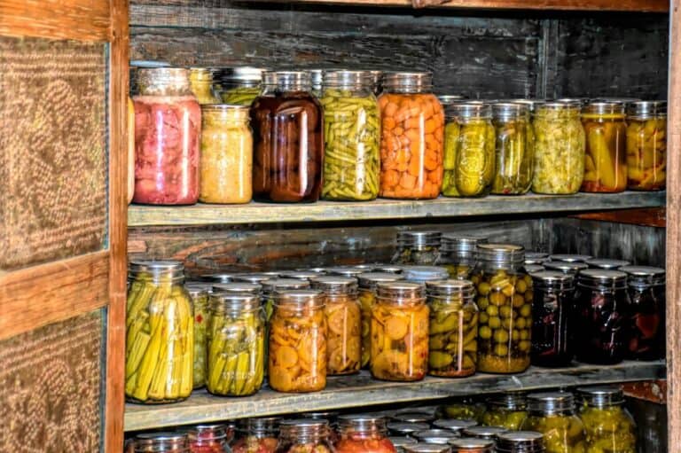 Old-fashioned root cellar showing preserved food in glass jars.