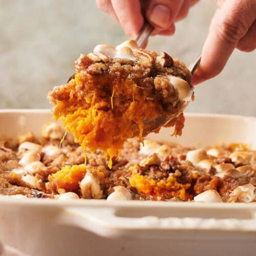 Warm and comforting sweet potato casserole served in a dish.