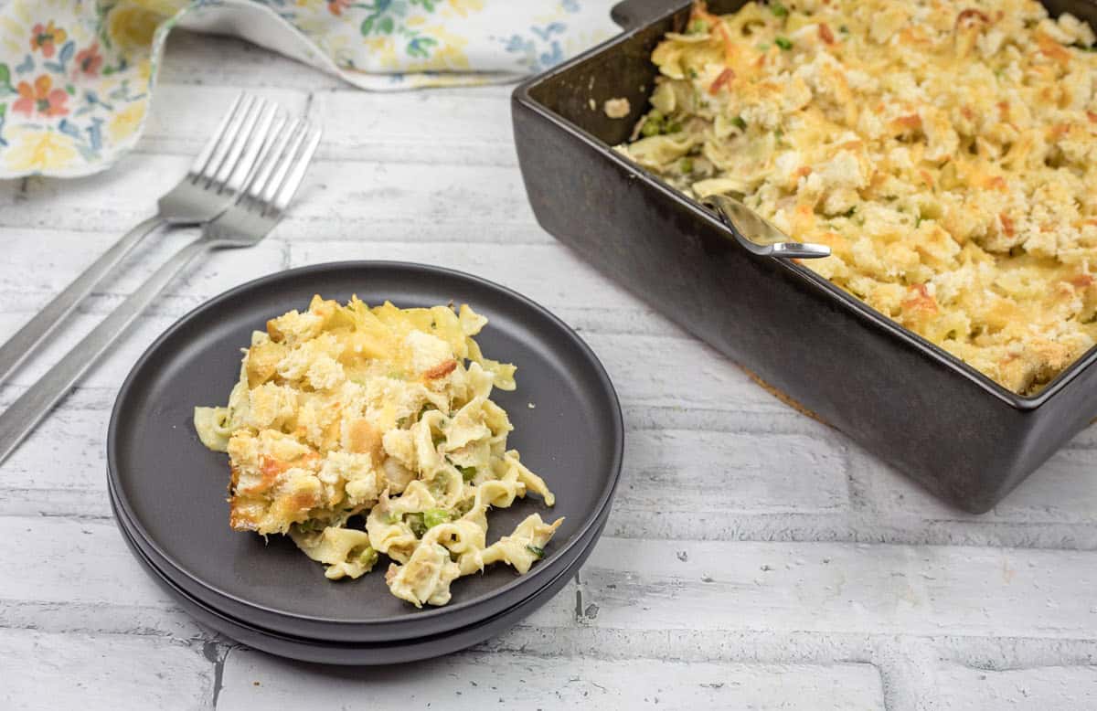 A hearty serving of tuna noodle casserole with melted cheese.