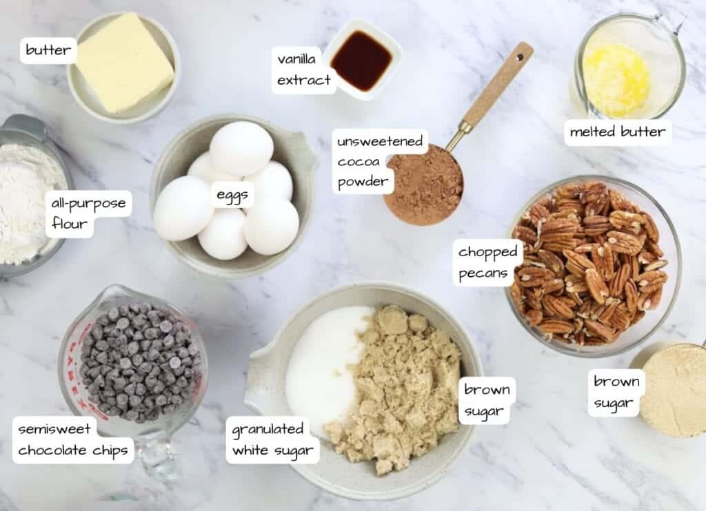 Pecan pie brownies ingredients.