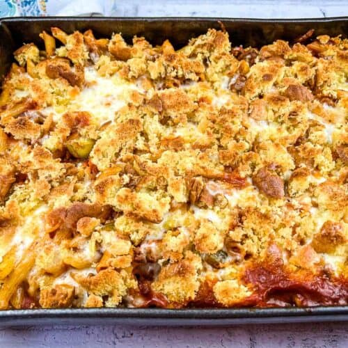 Baked sloppy joe casserole topped with melted cheese.