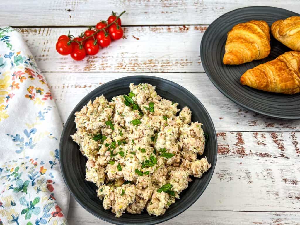 Creamy Southern ham salad with a side of croissants.