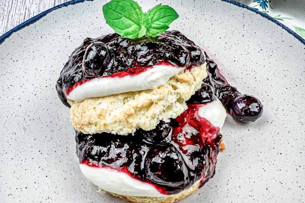 Blueberry shortcake served with a garnish of mint leaves.