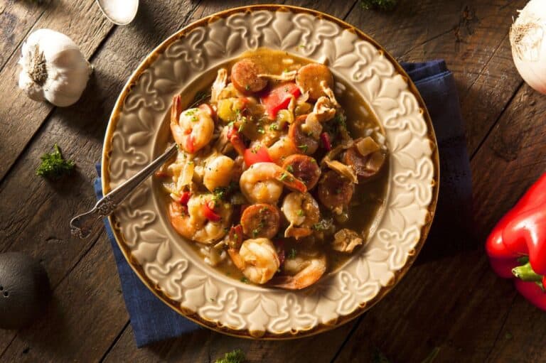 Homemade shrimp and sausage cajun gumbo.