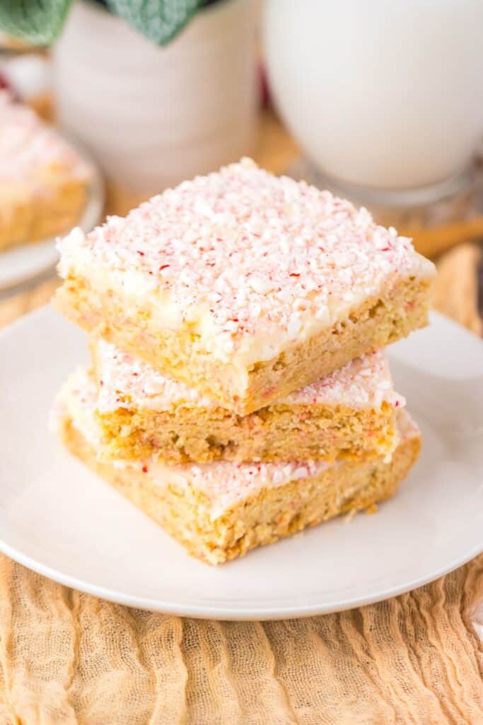 A stack of peppermint sugar cookie bars, ready to serve.