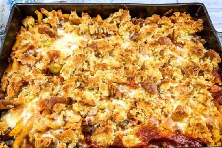 Baked sloppy joe casserole topped with melted cheese.