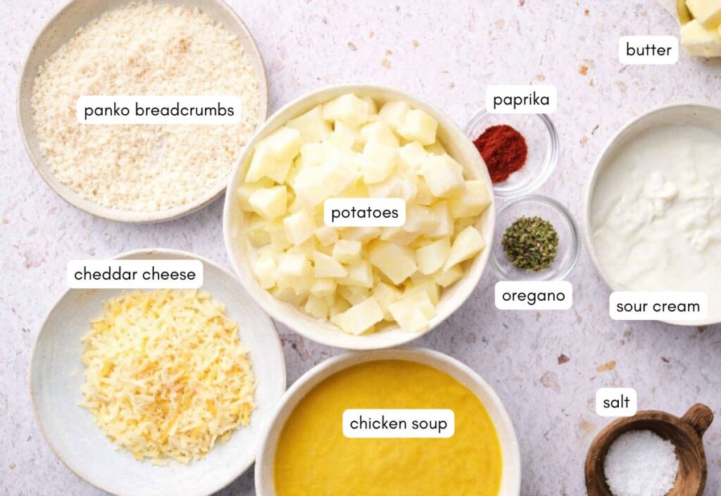 Funeral potatoes recipe ingredients.