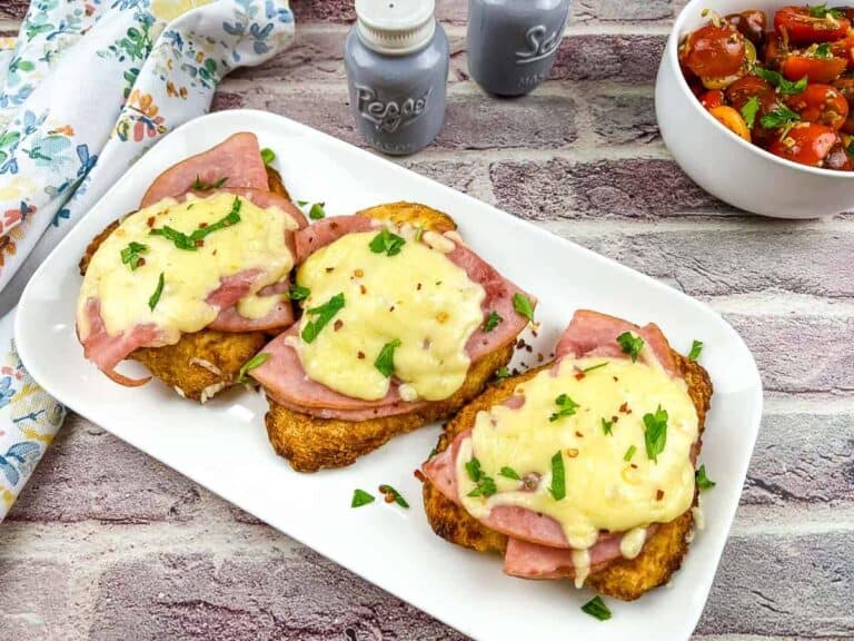 Air Fryer chicken cordon bleu on a rectangular plate.