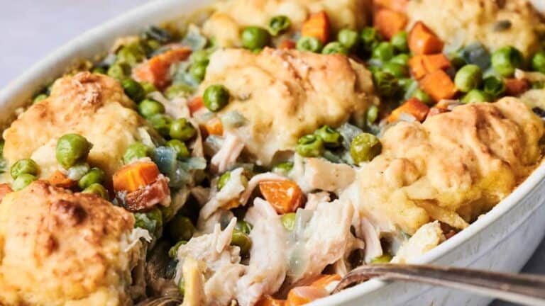 Air Fryer Chicken and Dumpling Casserole on a white dish with a spoon dishing it up.