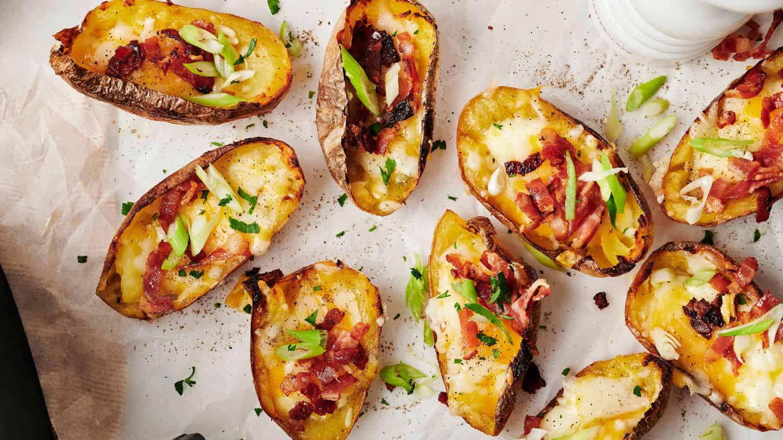 Baked potato skins topped with melted cheese, bacon bits, and chopped green onions on parchment paper.