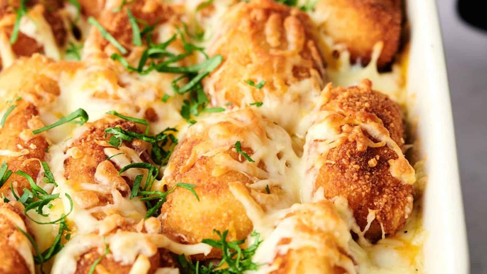 A close-up of a baking dish filled with breaded, cheese-covered chicken pieces garnished with chopped herbs, reminiscent of an elevated air fryer tater tot casserole.