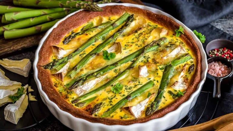 A white casserole with asparagus quiche.