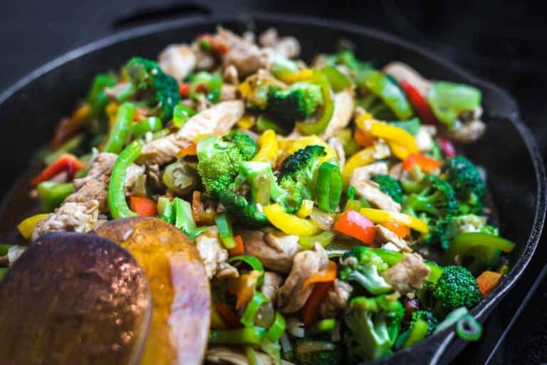 Broccoli Stir Fry with Chicken in a skillet.