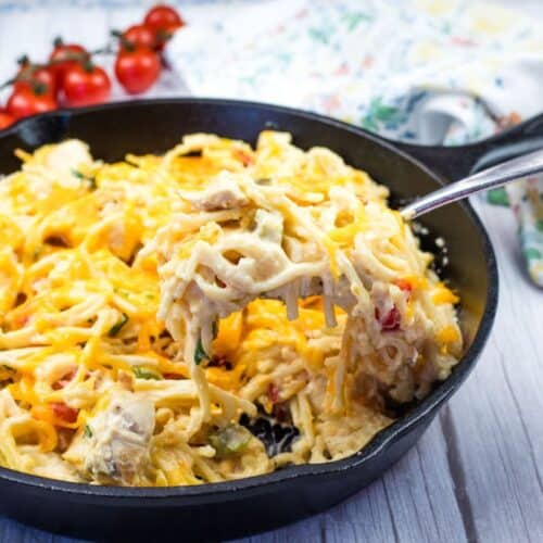 A cast-iron skillet filled with creamy chicken spaghetti, topped with melted cheddar cheese. A hand is lifting a portion with a fork, showing the cheesy, stringy texture.