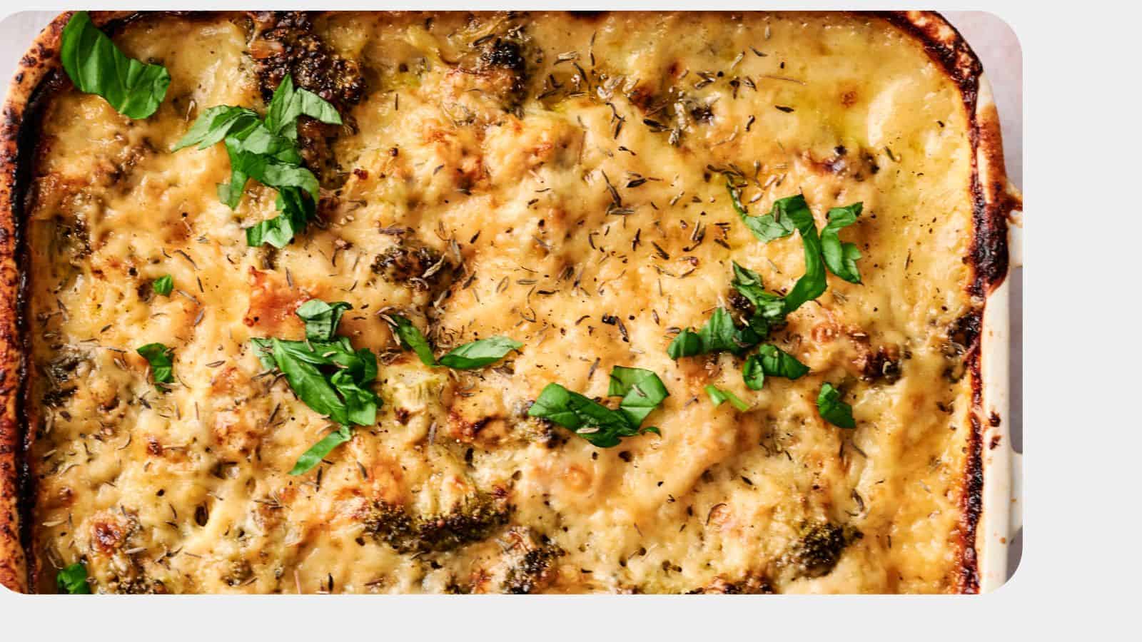 A close-up of a chicken and broccoli casserole featuring browned cheese, herbs, and green leafy garnish on top, displayed in a rectangular baking dish.