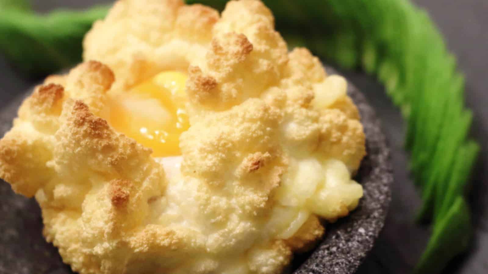 Cloud Egg in a bowl with avocado around it.