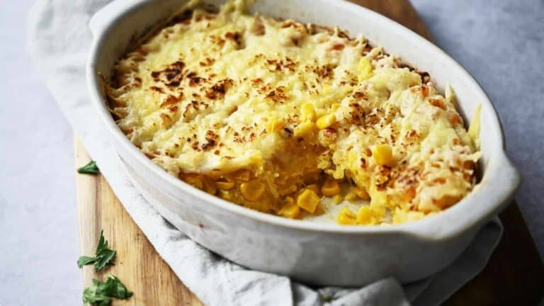 Corn Casserole on a white bowl.