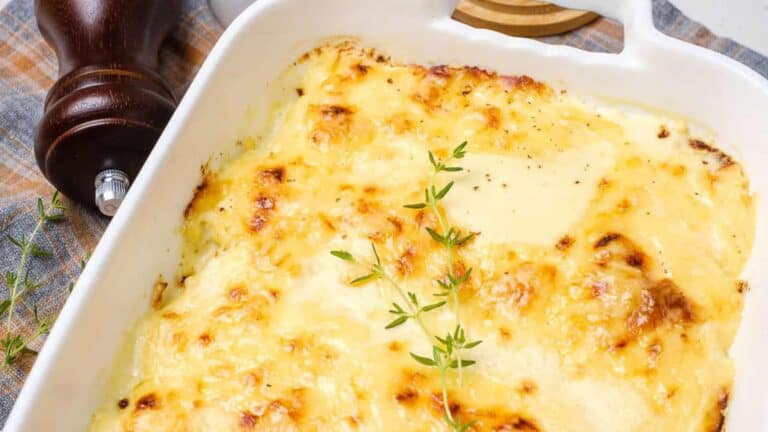 Dauphinoise Potatoes on a baked dish.