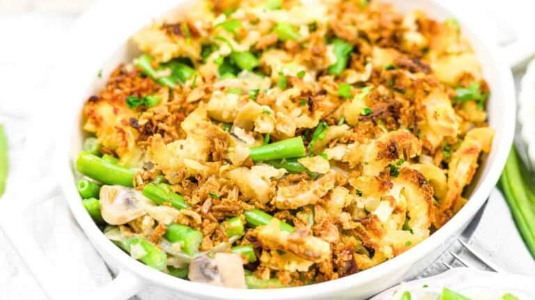 Gluten Free Green Bean Casserole in a white bowl.