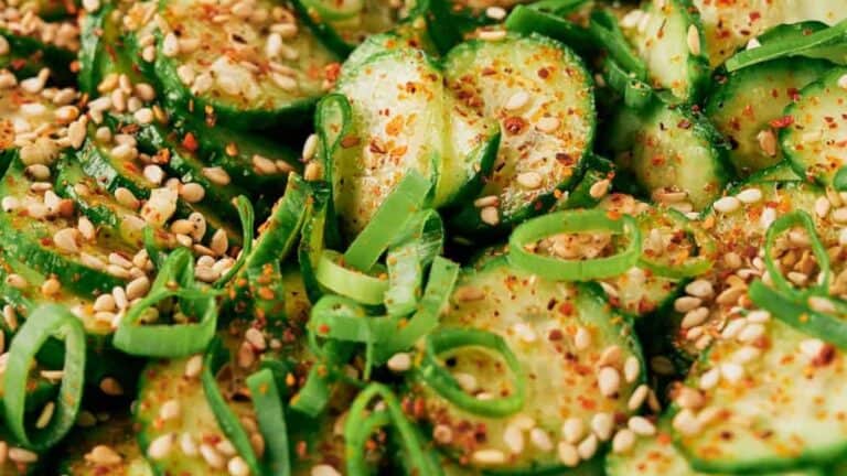 Slices of cucumber tossed in spicy Korean dressing.