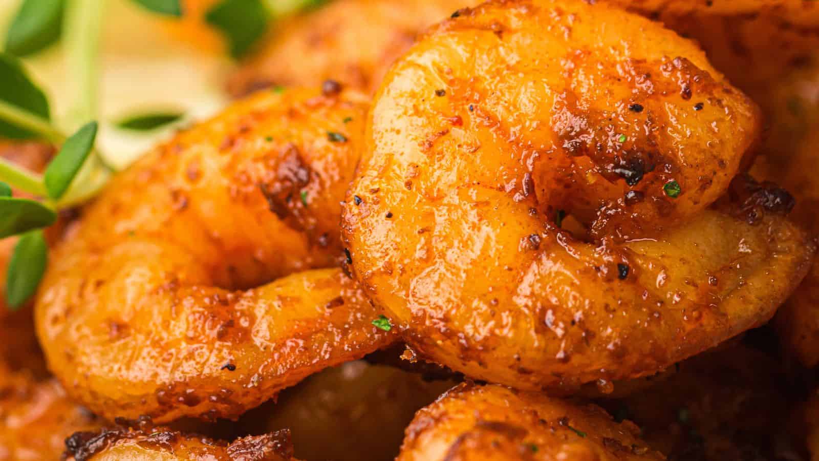 A close-up shot of seasoned, air fryer shrimp garnished with fresh herbs.