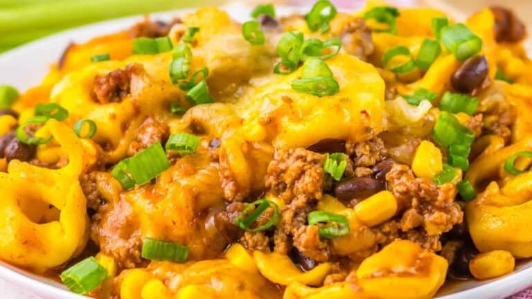 Spicy Beef Enchilada Tortellini on a plate.