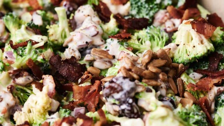 Broccoli Salad with Creamy Dressing with sunflower seeds.