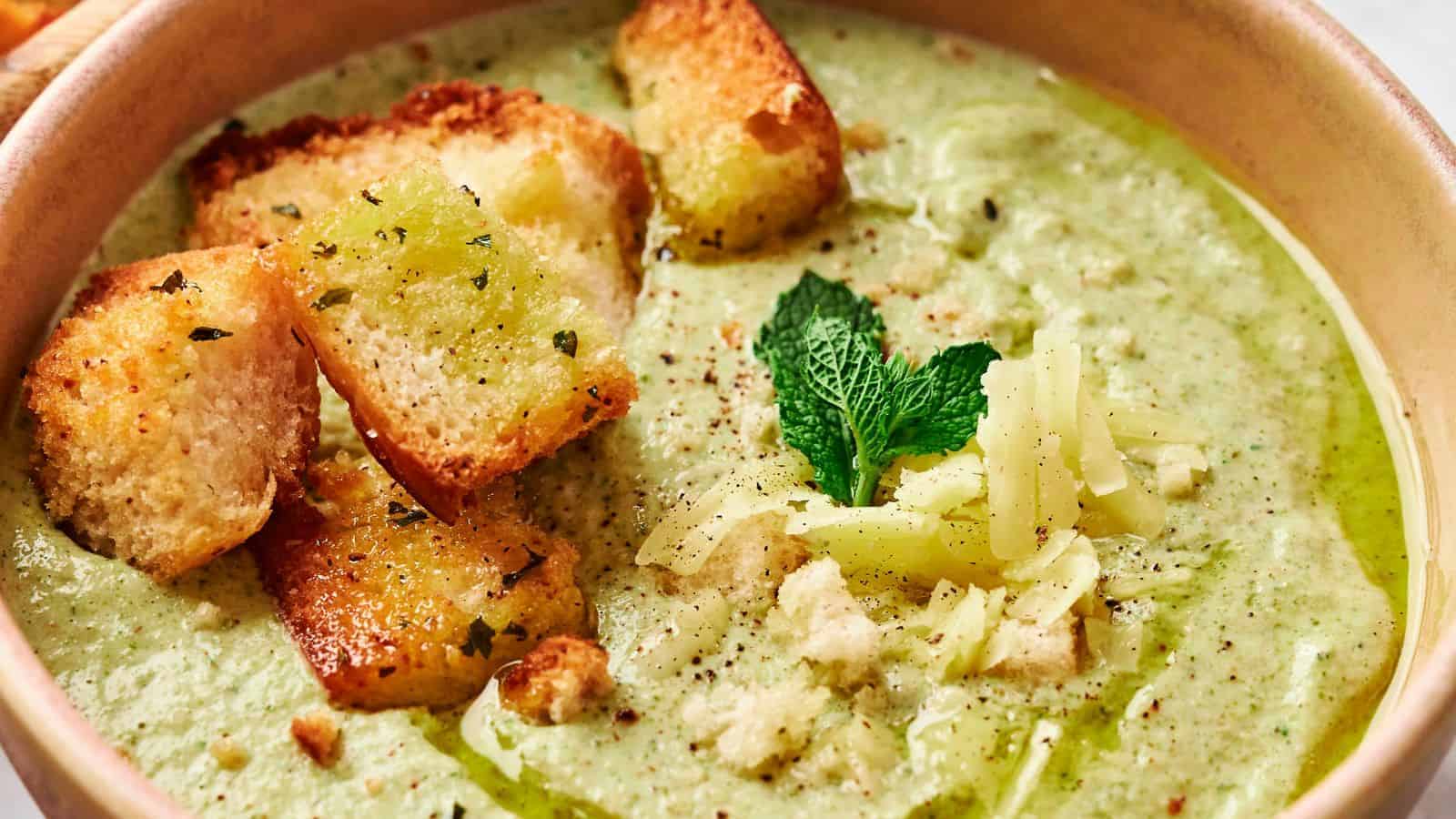 Creamy, Cheesy, Broccoli Soup on a bowl.