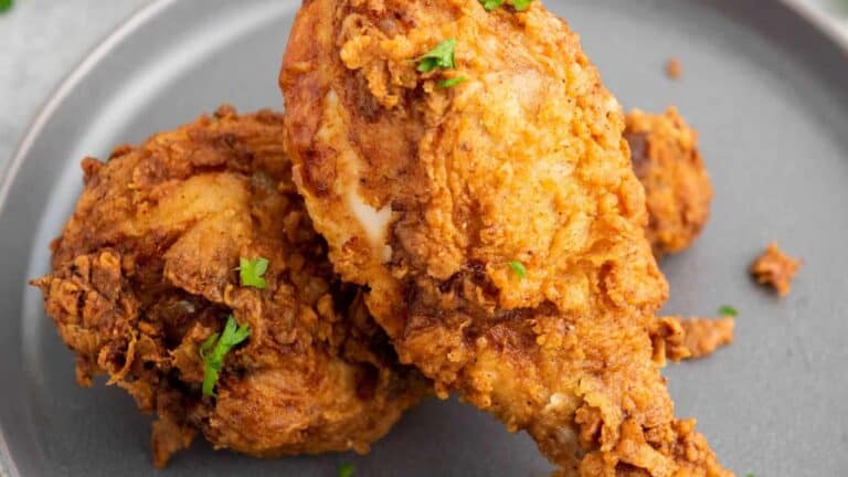 Buttermilk Fried Chicken on a gray plate.