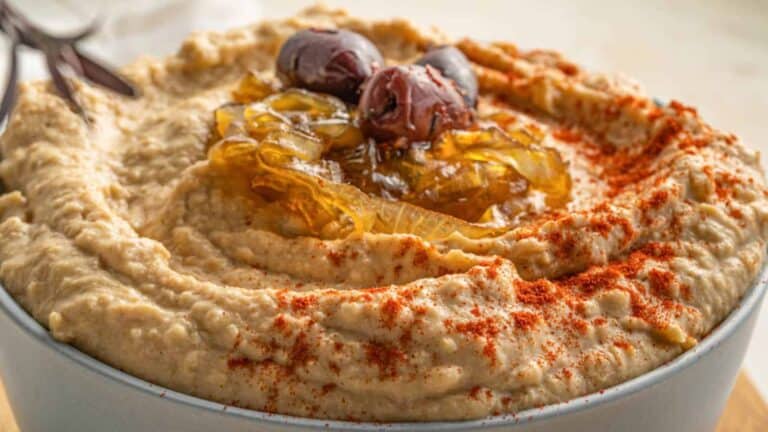 Caramelized Onion Hummus on a bowl.