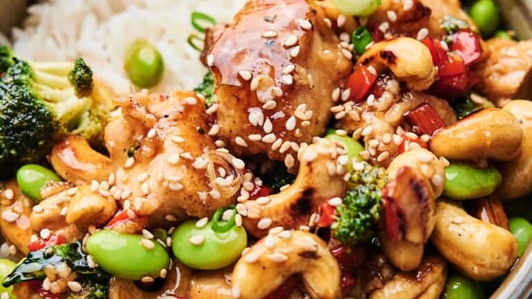 Cashew Chicken topped with sesame seeds.