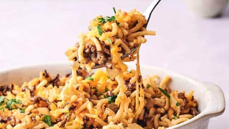 The BEST Cheeseburger Casserole garnished with parsley.